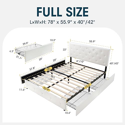 Miniatura 2 de WEEWAY Base de cama de tamaño matrimonial con 4 cajones de almacenamiento, base de cama matrimonial con cabecera capitonada con botones de costura