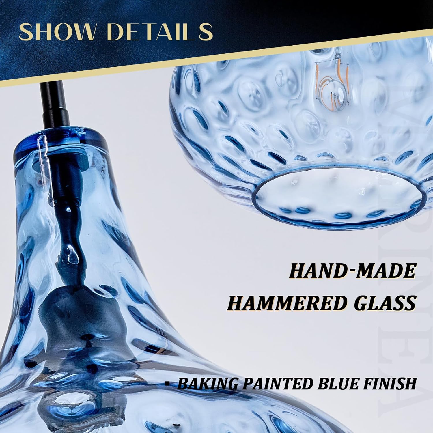 11" Hand-Blown Blue Glass Pendant Light, Hammered Glass Shade with Black Finish, Adjustable Modern Hanging Light Fixture for Kitchen Island, Dining Room, Hallway, Living Room