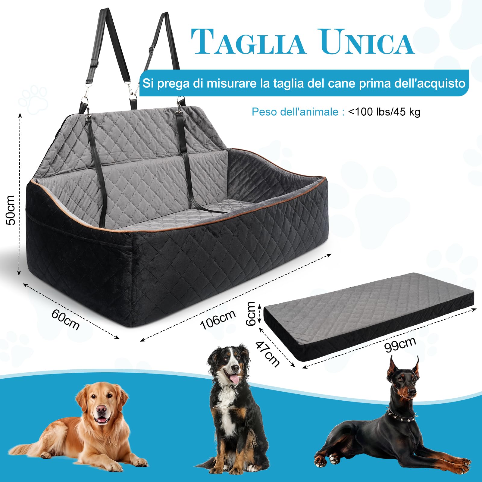 Seggiolino Auto per Cani per Cani Grandi/Medi fino a 45 kg - Seggiolino Auto Cane Rimovibile e Lavabile, Trasportabile con Guinzaglio e Base Antiscivolo per Sedile Posteriore