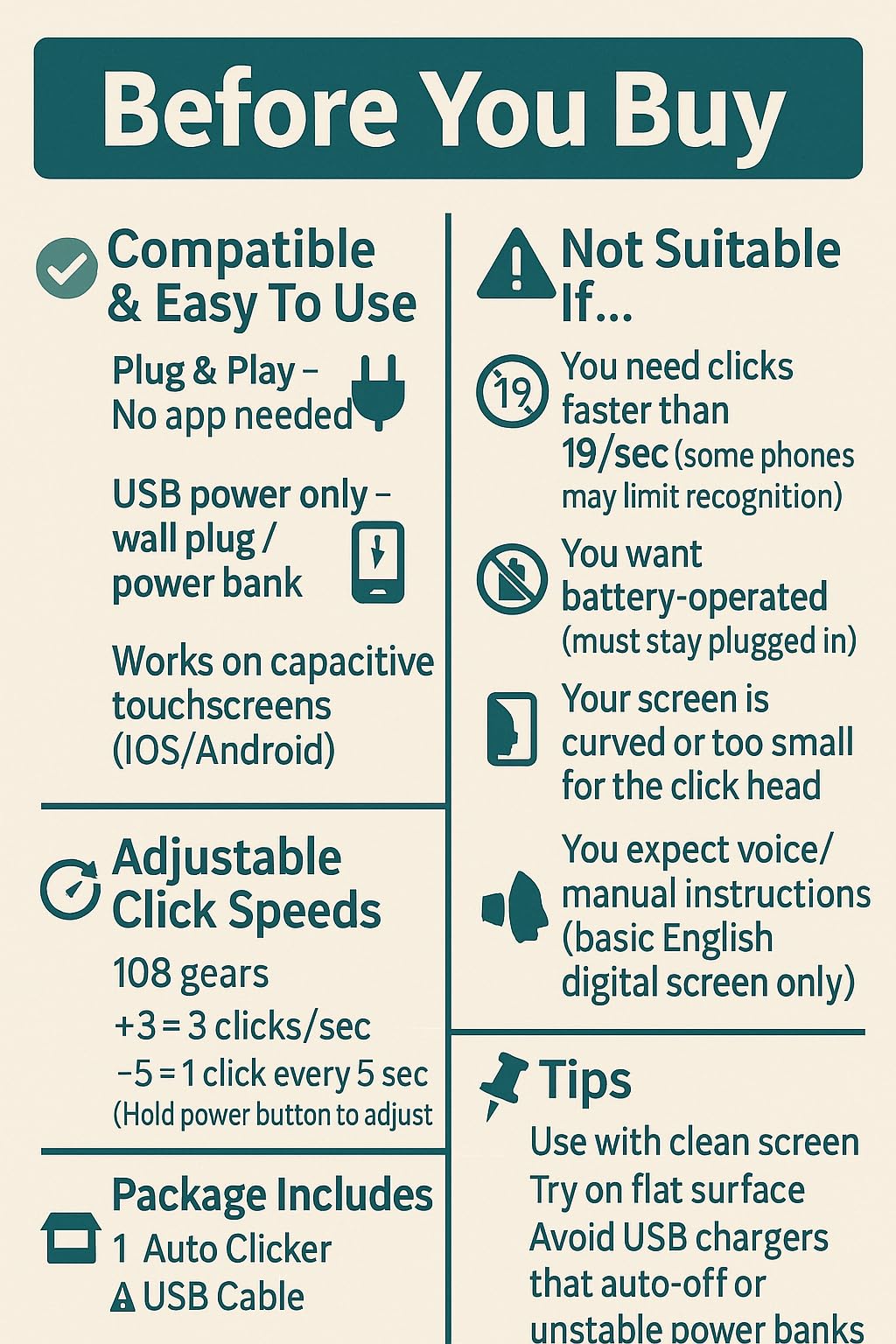 Auto Screen Clicker Portable Simulé Doigt Clic Continu Vitesse Réglable Clicker Physique Adapté aux Jeux