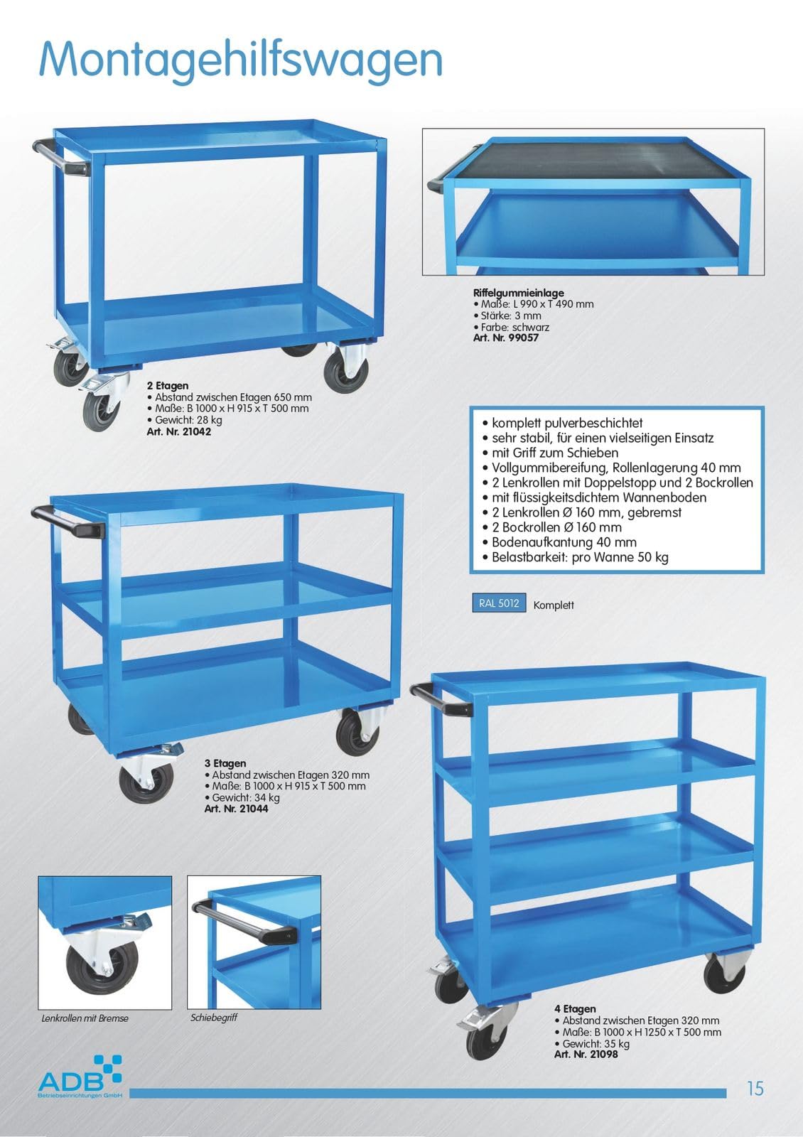 ADB Montagehilfswagen, 4 Etagen, Lichtblau RAL5012, mit Vollgummibereifung, Rollenlagerung, mit Wannenböden, B 1000 x H 1250 x T 500 mm