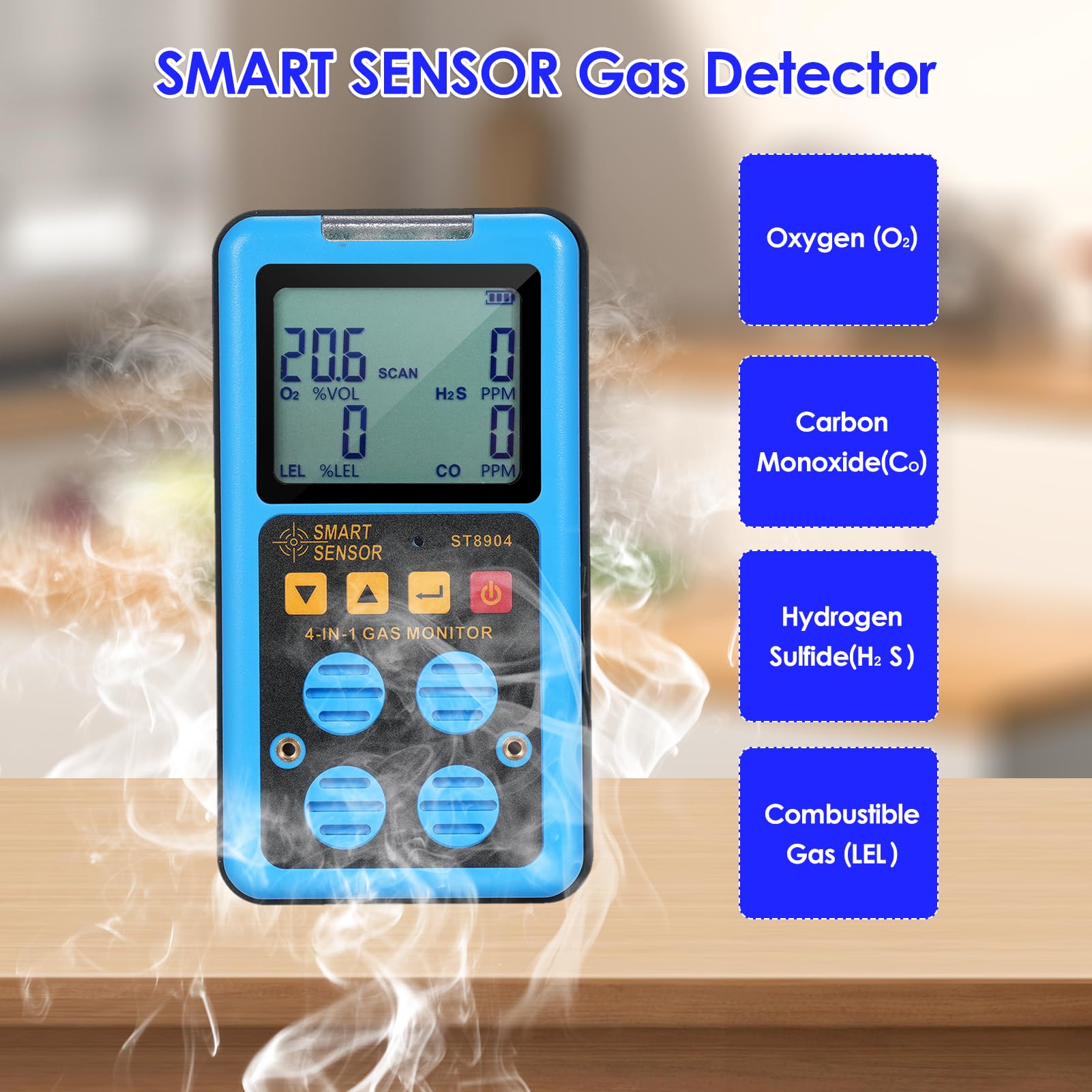 Sensor Inteligente 4 en 1 Monitor de Gas, Detector de Gas portátil Recargable, H₂S O₂ Co y Monitor de Gas Lel