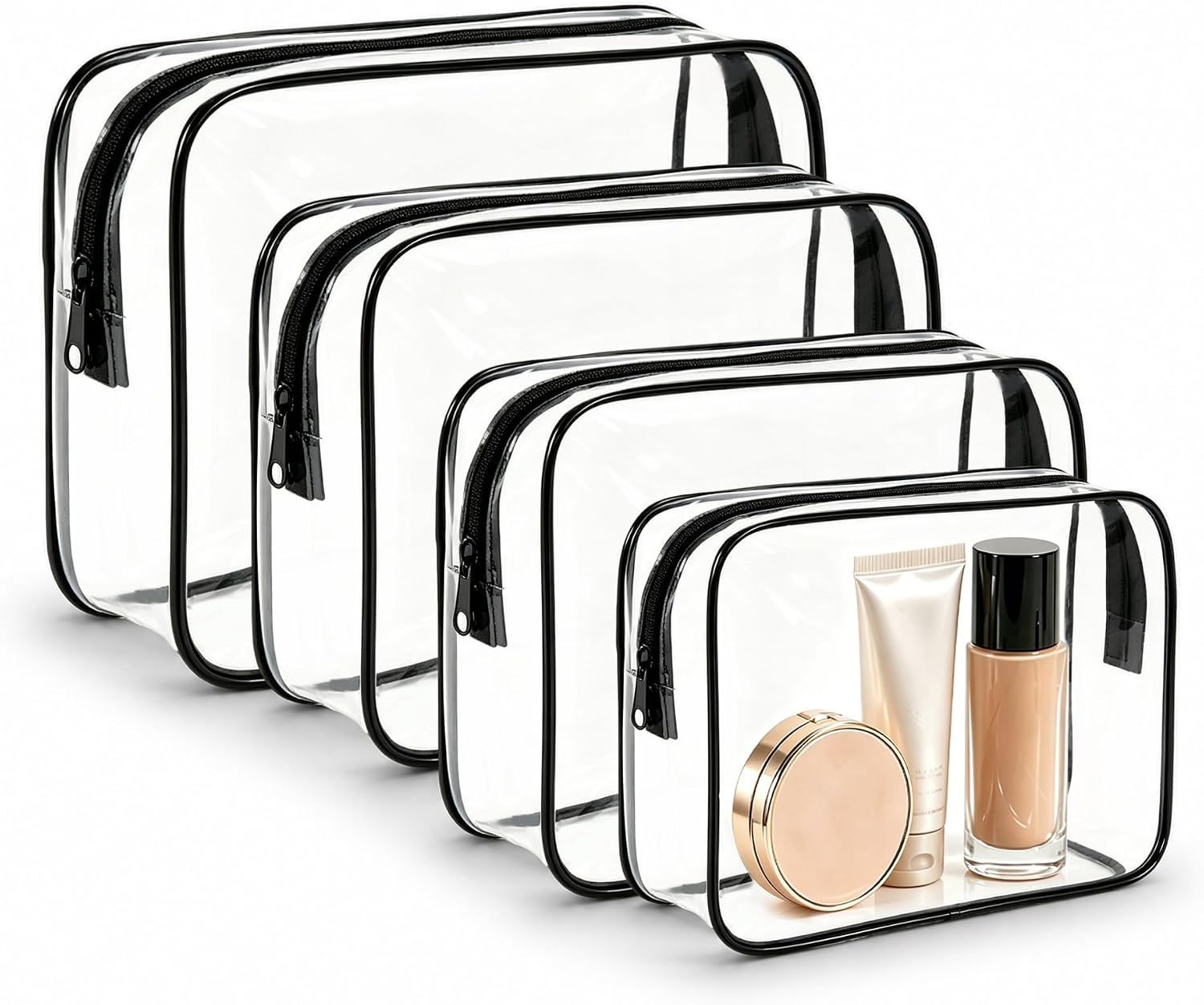 Clear Makeup Bag, PVC Travel Pouch with Zipper, Portable Makeup Organizer for Airport Airline Compliant, Black, 4 Pcs