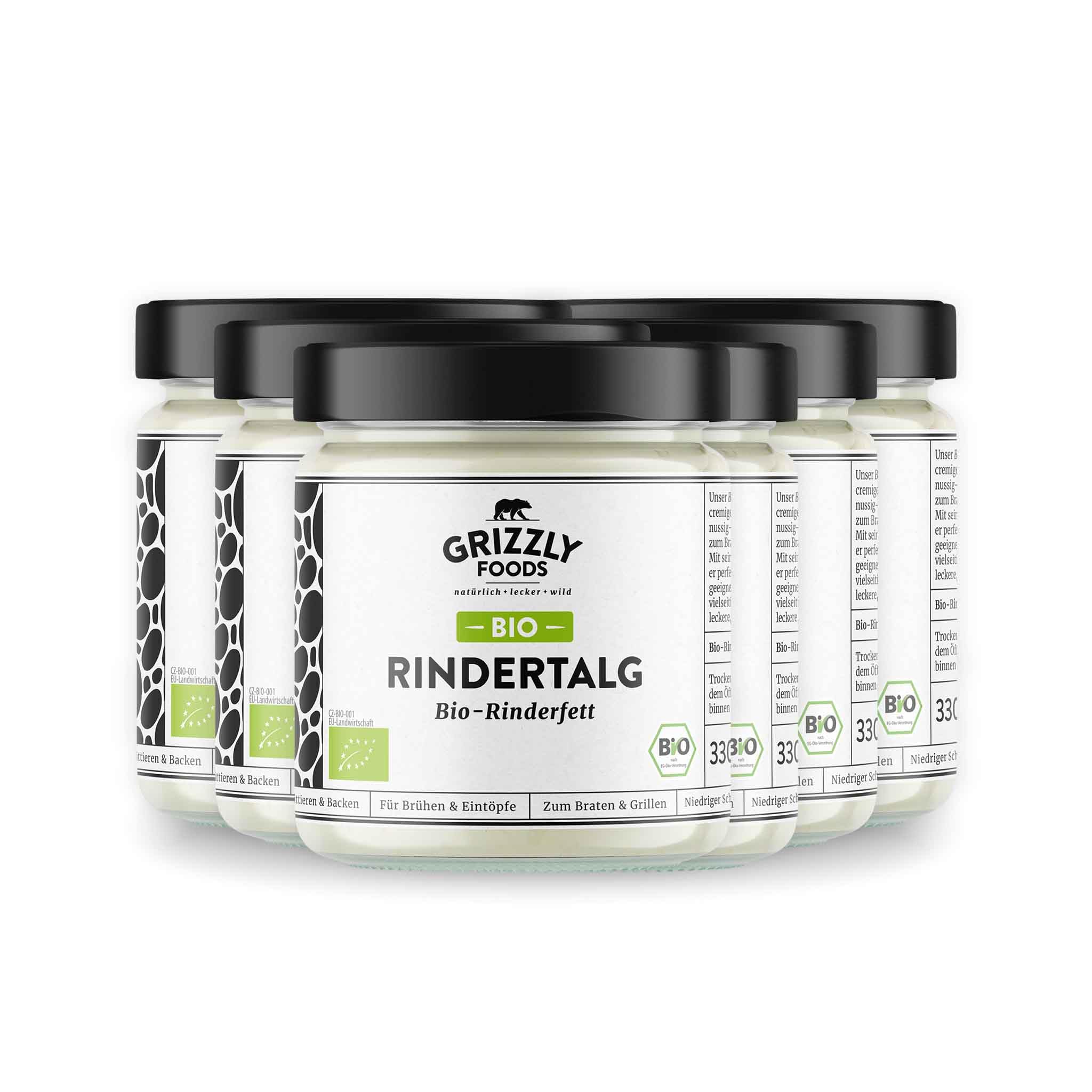 Grizzly Foods • BIO Rindertalg (6 x 330g) • Organic Beef Tallow • 100% natürlich • Hoher Rauchpunkt • Ohne Zusätze • Perfekt für Braten, Backen, Frittieren • Cremige Textur & buttrig-grasiges Aroma