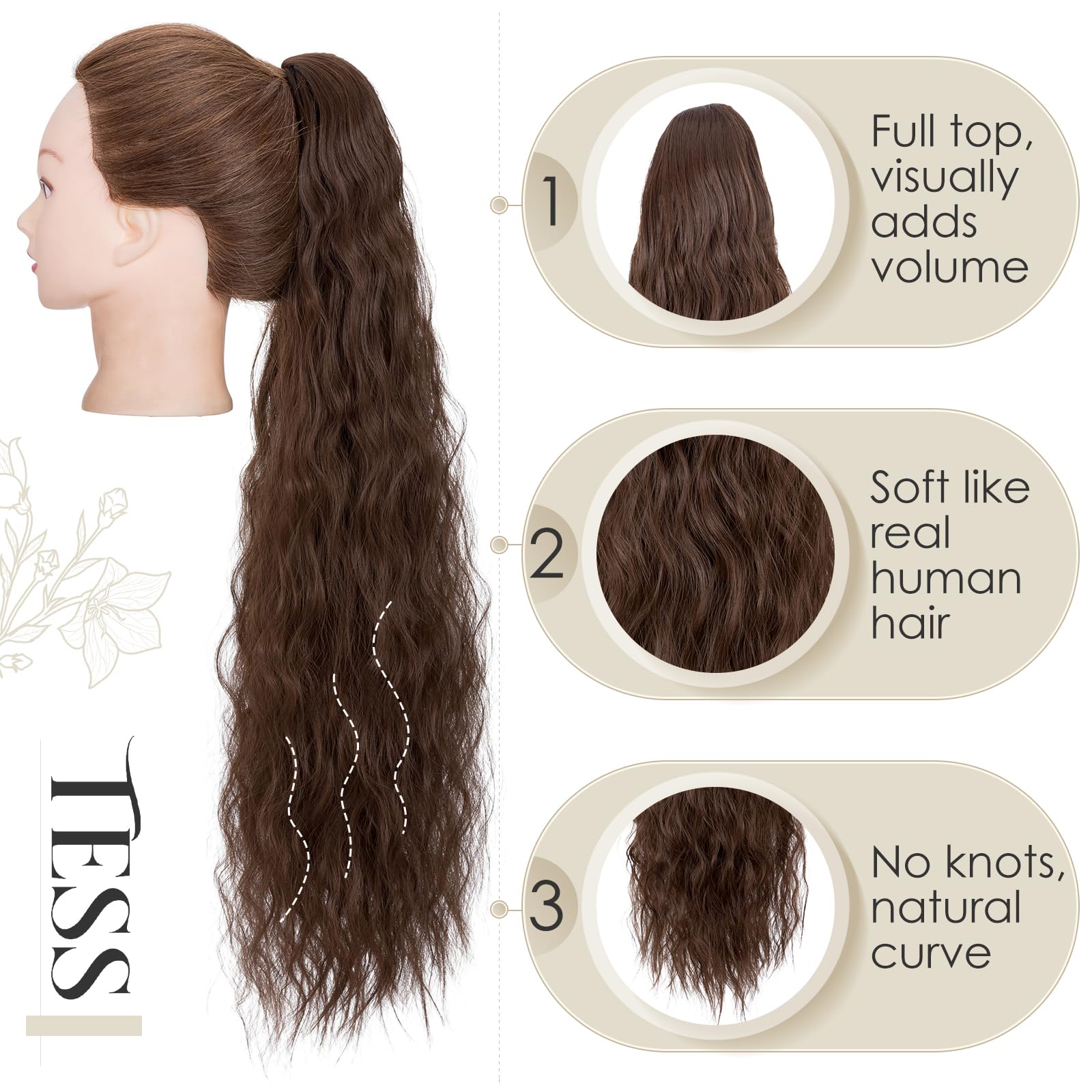 TESS 32 Inches Drawstring Ponytail Extension, Corn Curl Hair Pieces for Women 155g Curly Ponytail Extension, Chestnut Brown - Image 3