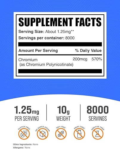 Miniatura 7 de BulkSupplements. Com Chromium GTF Powder - Suplementos minerales - Sin gluten y levadura, 200mcg de cromo, 1.7mg por porción, 25g (0.88 oz) (paquete