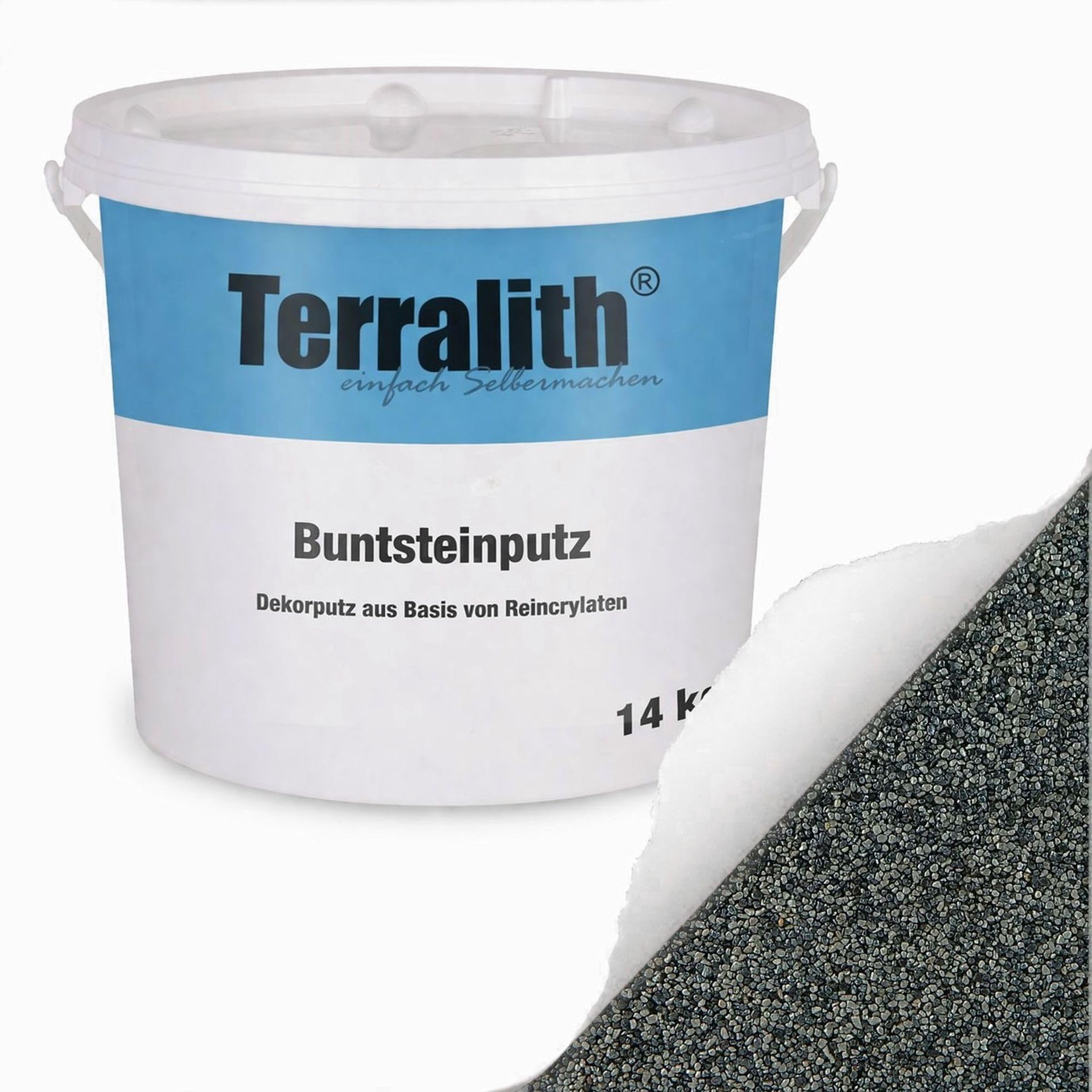 Terralith Buntsteinputz 14kg in grau-anthrazit, Sockelputz für Innen und Außen mit Reinacrylat Bindemittel aus Naturstein, 1-2mm Körnung (BSP58)