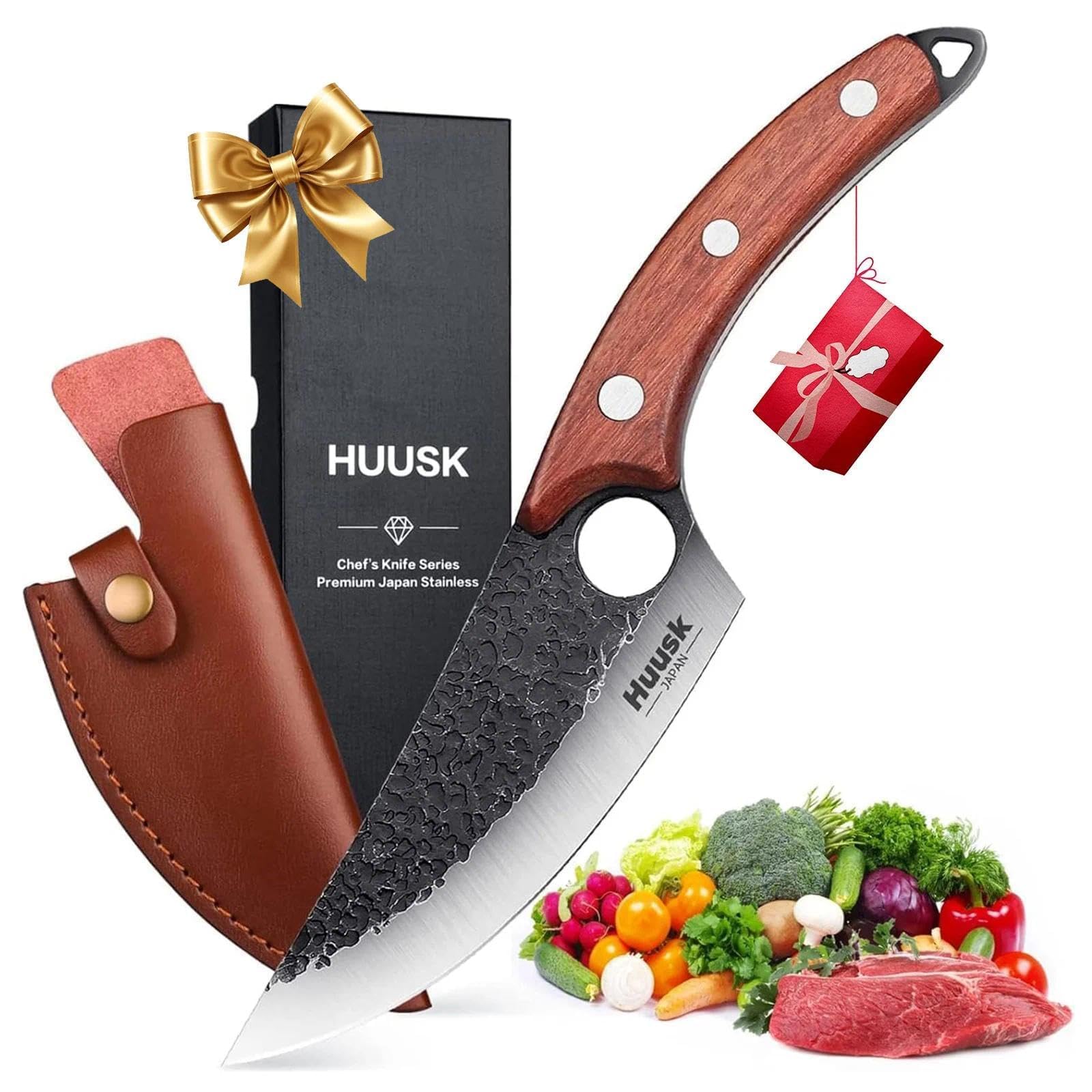 Huusk Viking Knife, Japanese Meat Cleaver Knives Forged Boning Knife with Sheath, High Carbon Steel Japan Butcher Fillet Chef Knives for Kitchen, Camping, Christmas Gifts for Men Women