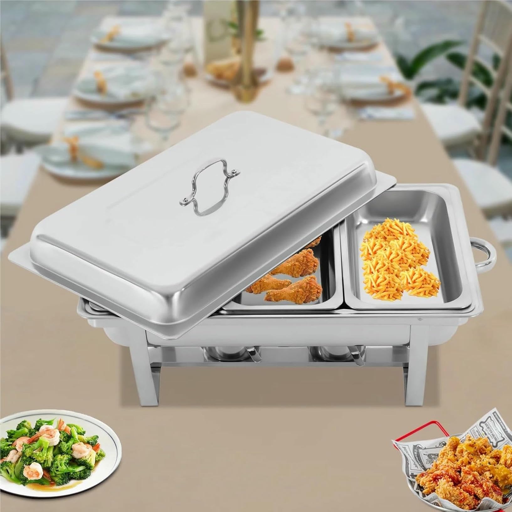 Juego de platos rectangulares de 3 compartimentos, bandeja para servir buffet con calefacción y refrigeración para fiestas, reuniones y banquetes, calentador de alimentos duradero y elegante