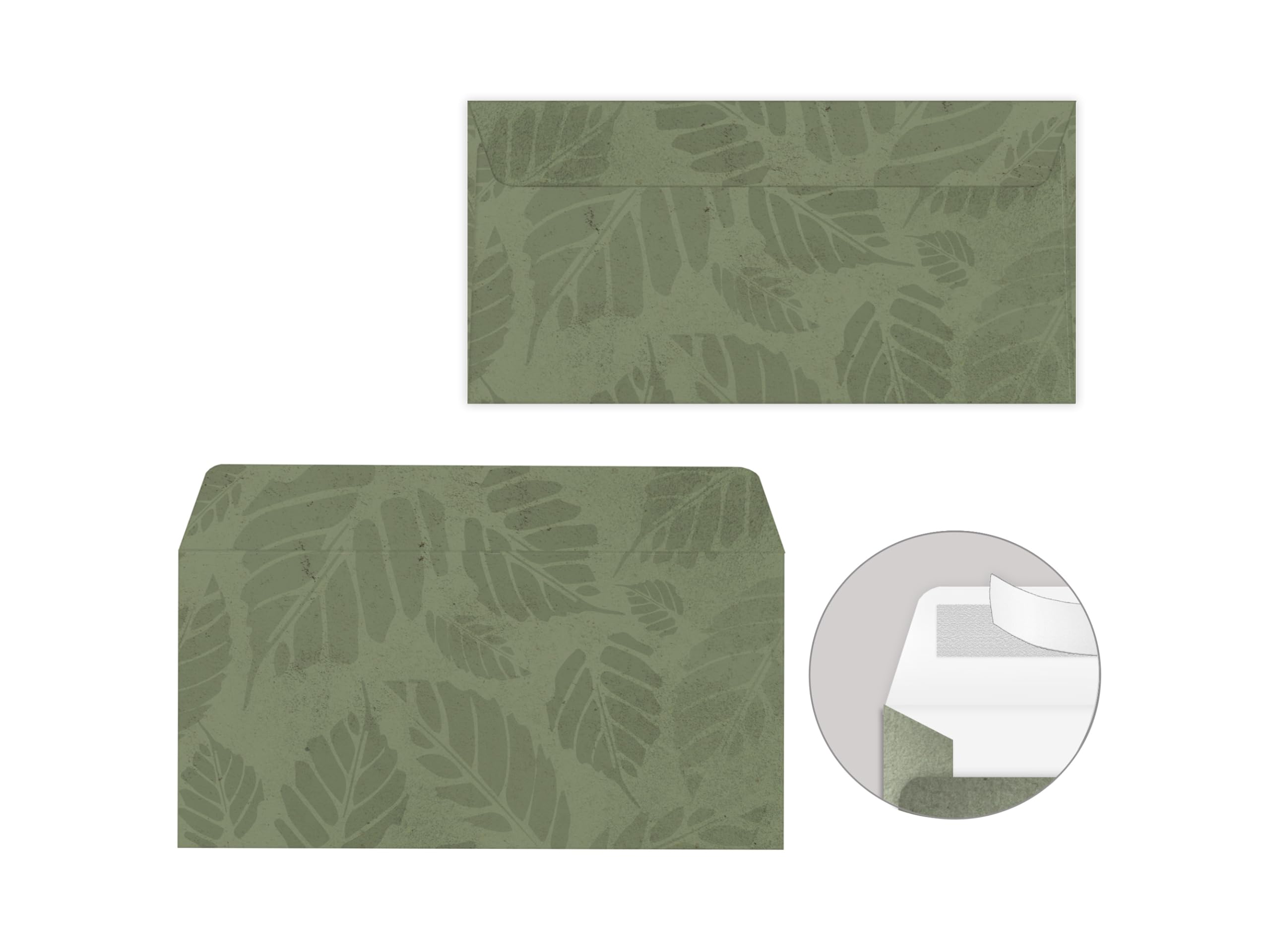 Briefpapier-Set 250 Briefbögen DIN A4 + 250 Umschläge DIN-lang ohne Fenster haftklebend - Papier beidseitig beschriftbar und bedruckbar für Taufe Kommunion Firmenpost naturelle hellgrüne Blätter