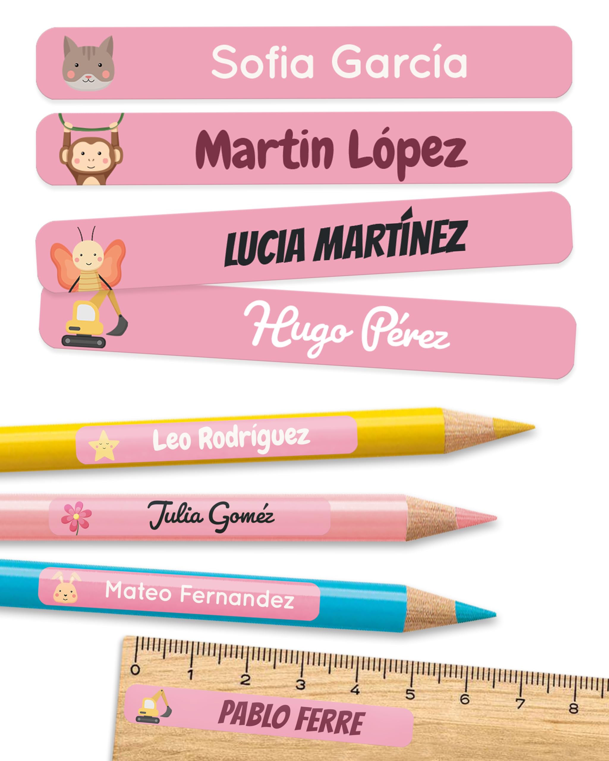 melu kids® Etiquetas adhesivas personalizadas objetos para colegio y guardería (75 uds.) - etiquetas personalizadas libros, etiquetas nombre material escolar - resistentes al lavavajillas - Rosa