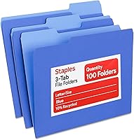 Staples Blue File Folders, Letter Size 1/3-Cut Top Tabs, Durable 10.5pt Stock, 100 Pack - Organize Files Easily