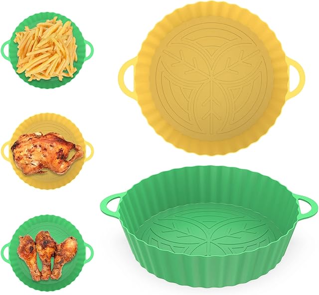 Foxbown Silicone Air Fryer Liner, 2Pcs Air Fryer Liners Reusable Silicone Pot, 8.3" Air Fryer Food Grade Silicone Baking Tray Coking Accessories for Air Fryer, Oven, and Microwave(Green+Yellow)