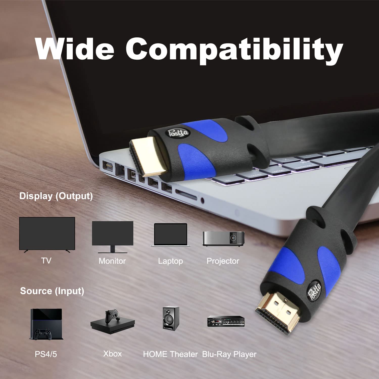 Postta Flat HDMI Cable(50 Feet) Flat HDMI 2.0 Cord Support 4K, 3D, 2160p, 1080p, Ethernet and Audio Return-Black-Blue