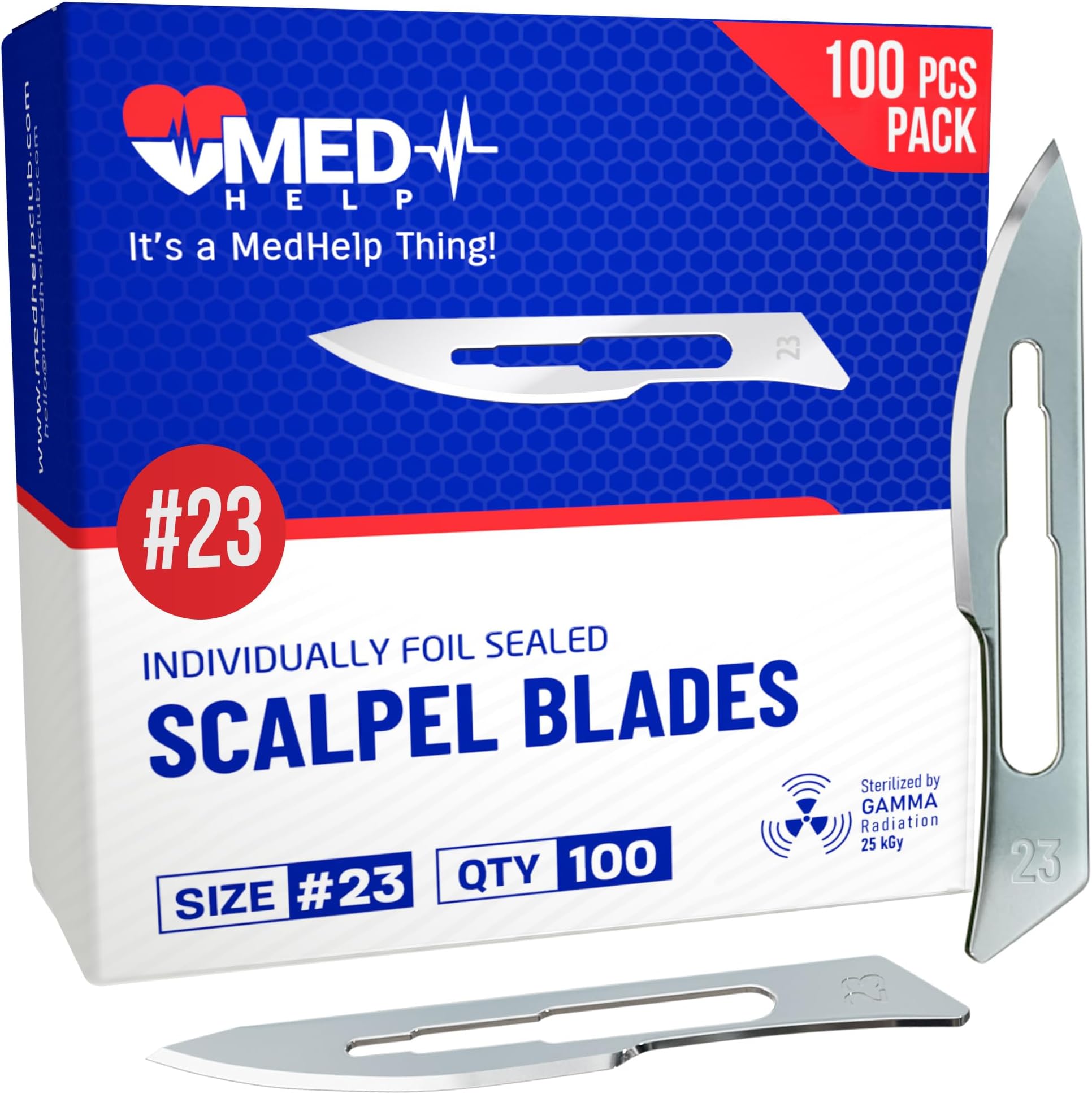 MedHelp Pack of 100 Disposable Scalpel Blades #23, Size 23 Surgical Blades, High Carbon Steel Dermaplane Blade tool. Individually Wrapped #23 Scaple Blade, Sterile
