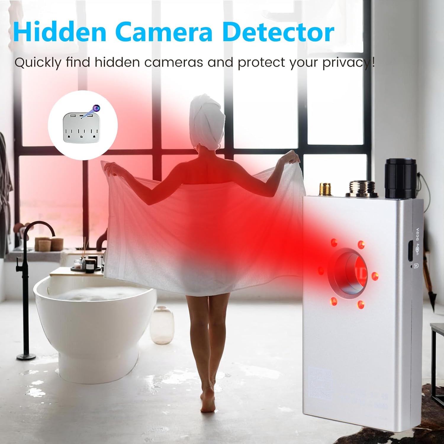 JMDHKK K18+ detector being used to find a hidden camera in a bathroom, showing red light reflection from a lens.