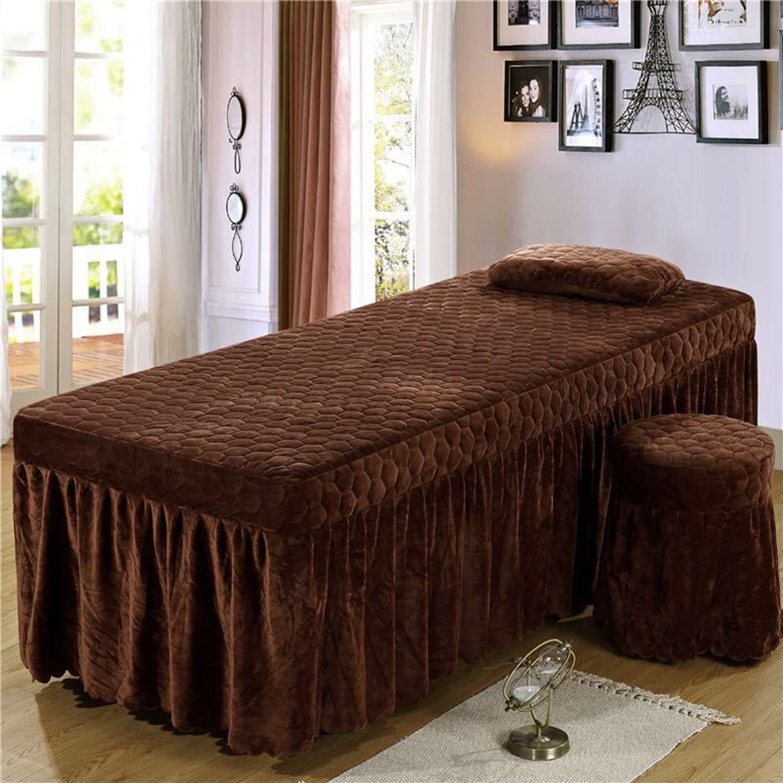 3-Pieces Microfiber Massage Table Sheets Set, Beauty SPA Massage Bed Cover, Quilted Table Skirt Sheet with Face Hole, Pillow Case, Stool Cover(Brown,190x80cm(75x31inch))