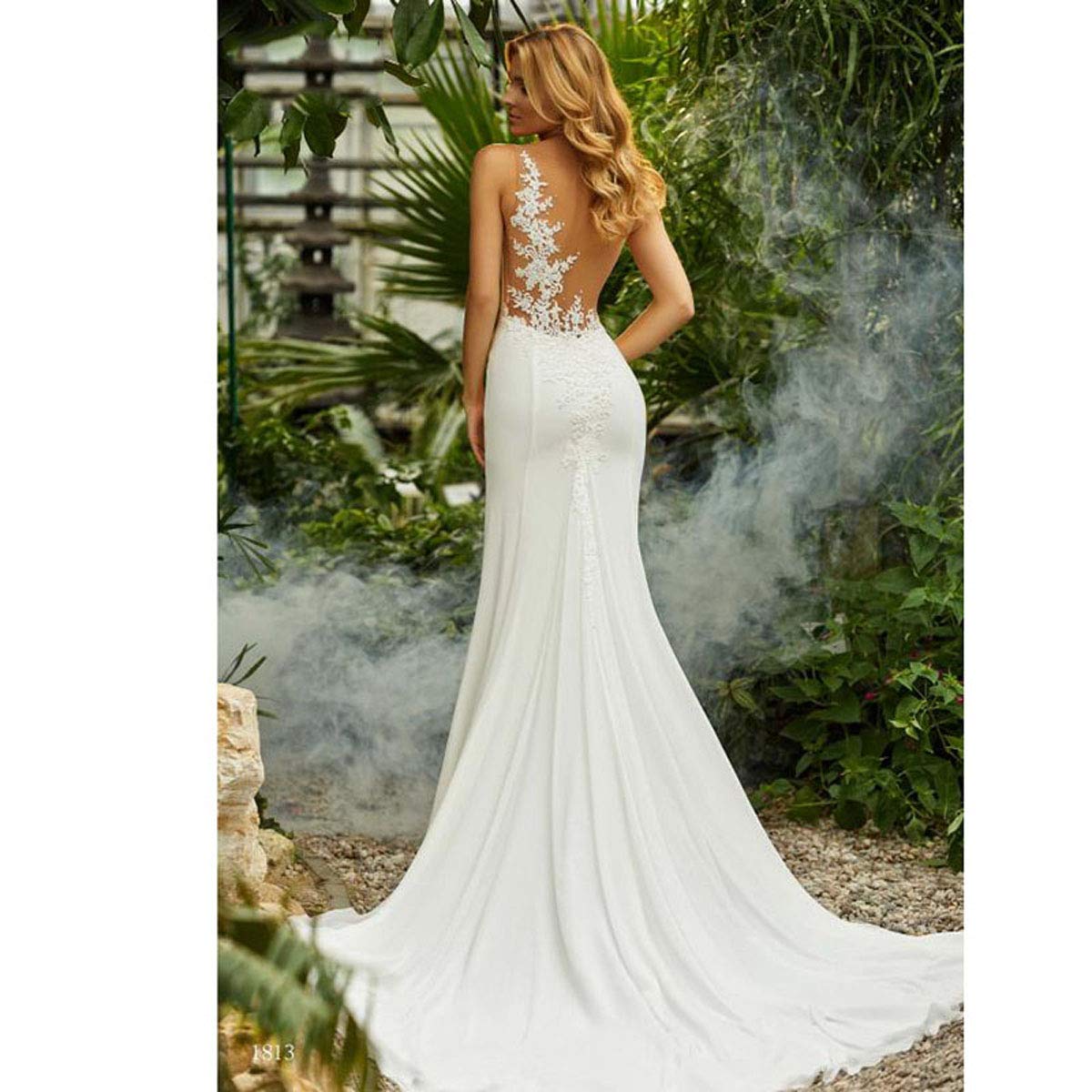 CoCogirls Robe de mariée sirène - Col rond - Applications de plage - Robe de mariée en mousseline de soie - Robe de princesse bohème - Robe de bal - Robe de soirée