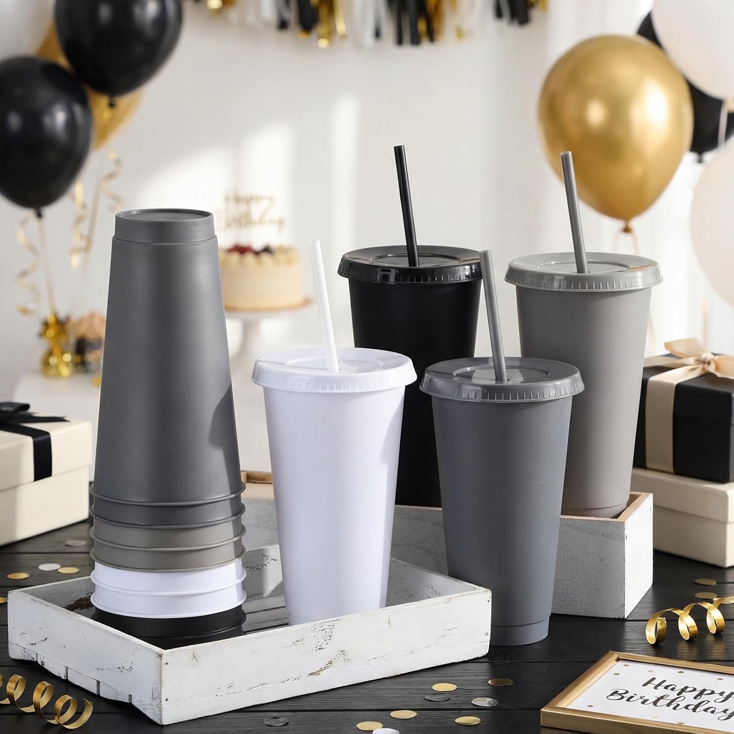 Honeydak 30 Pack Plastic Cups with Lids Straws,Gradient Color image 2