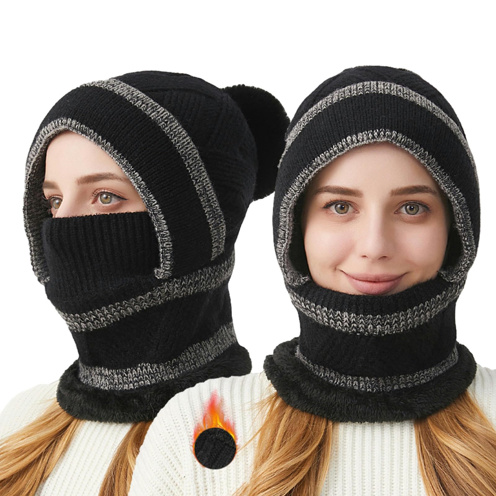 Sombrero Invierno Mujer Mujeres Sombreros De Gorro De Invierno 2 En 1 Vellón Juego De Máscara De Sombrero De Calentador De Cuello Grueso-Caqui