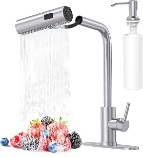 AVSIILE Brushed Nickel Kitchen Faucet with Pull Down Sprayer, Soap Dispenser & Waterfall - Single Handle Pull Out Tap for Farmhouse RV Laundry Sink