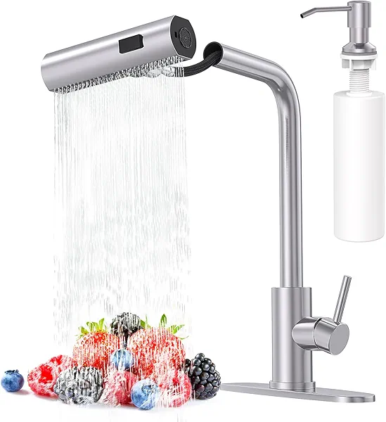 AVSIILE Brushed Nickel Kitchen Faucets with Pull Down Sprayer & Soap Dispenser, Single Hole & Handle, Pull Out Tap, Waterfall Stainless Steel Sink Faucet for Farmhouse Camper Laundry Rv Bar