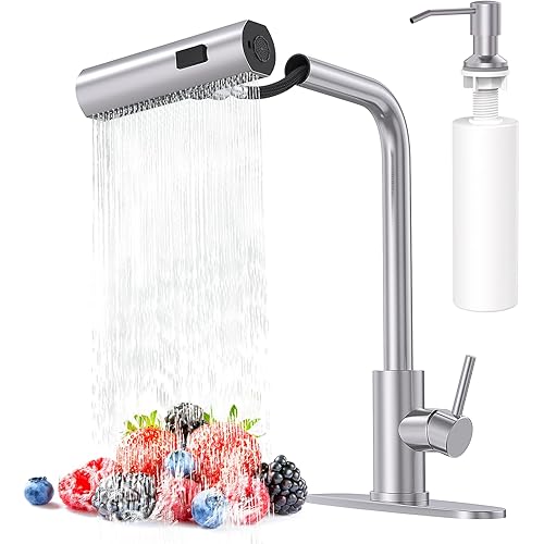 Brushed Nickel Kitchen Faucets with Pull Down Sprayer & Soap Dispenser, Single Hole & Handle, Pull Out Tap, Waterfall Stainless Steel Sink Faucet for Farmhouse Camper Laundry Rv Bar