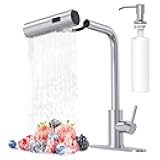 Brushed Nickel Kitchen Faucets with Pull Down Sprayer & Soap Dispenser, Single Hole & Handle, Pull Out Tap, Waterfall Stainless Steel Sink Faucet for Farmhouse Camper Laundry Rv Bar