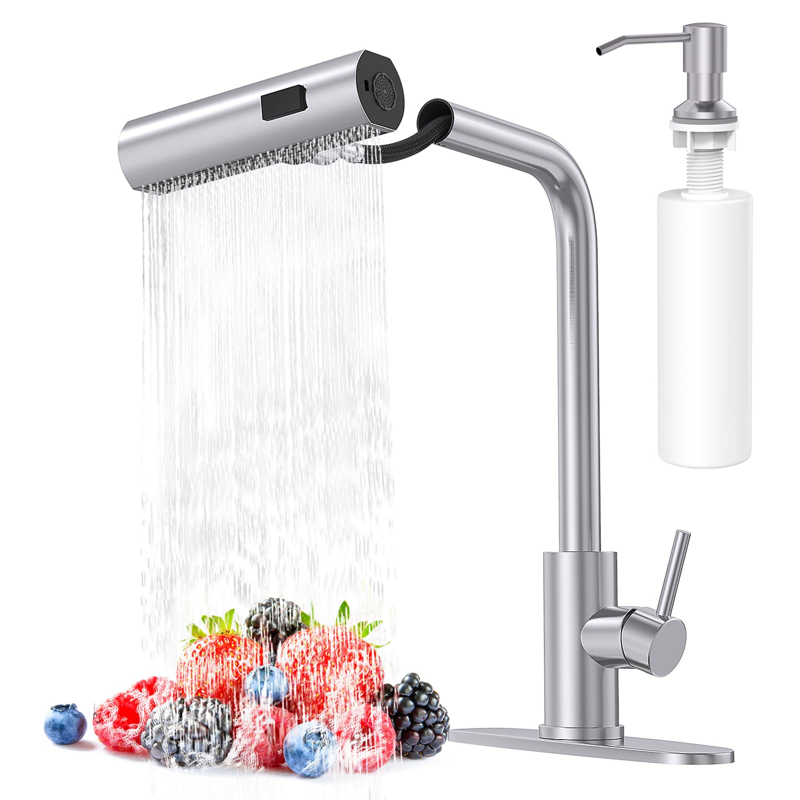 Brushed Nickel Kitchen Faucets with Pull Down Sprayer & Soap Dispenser, Single Hole & Handle, Pull Out Tap, Waterfall Stainless Steel Sink Faucet for Farmhouse Camper Laundry Rv Bar