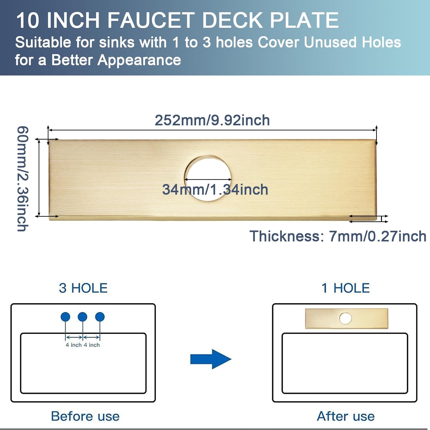 Faucet Plate Kitchen Sink Faucet Hole Cover 10 Inch 1 or 3 Hole Long Rectangle Cover Deck Plate Escutcheon Plumbing Cover Plates for Kitchen Bathroom, Brushed Gold