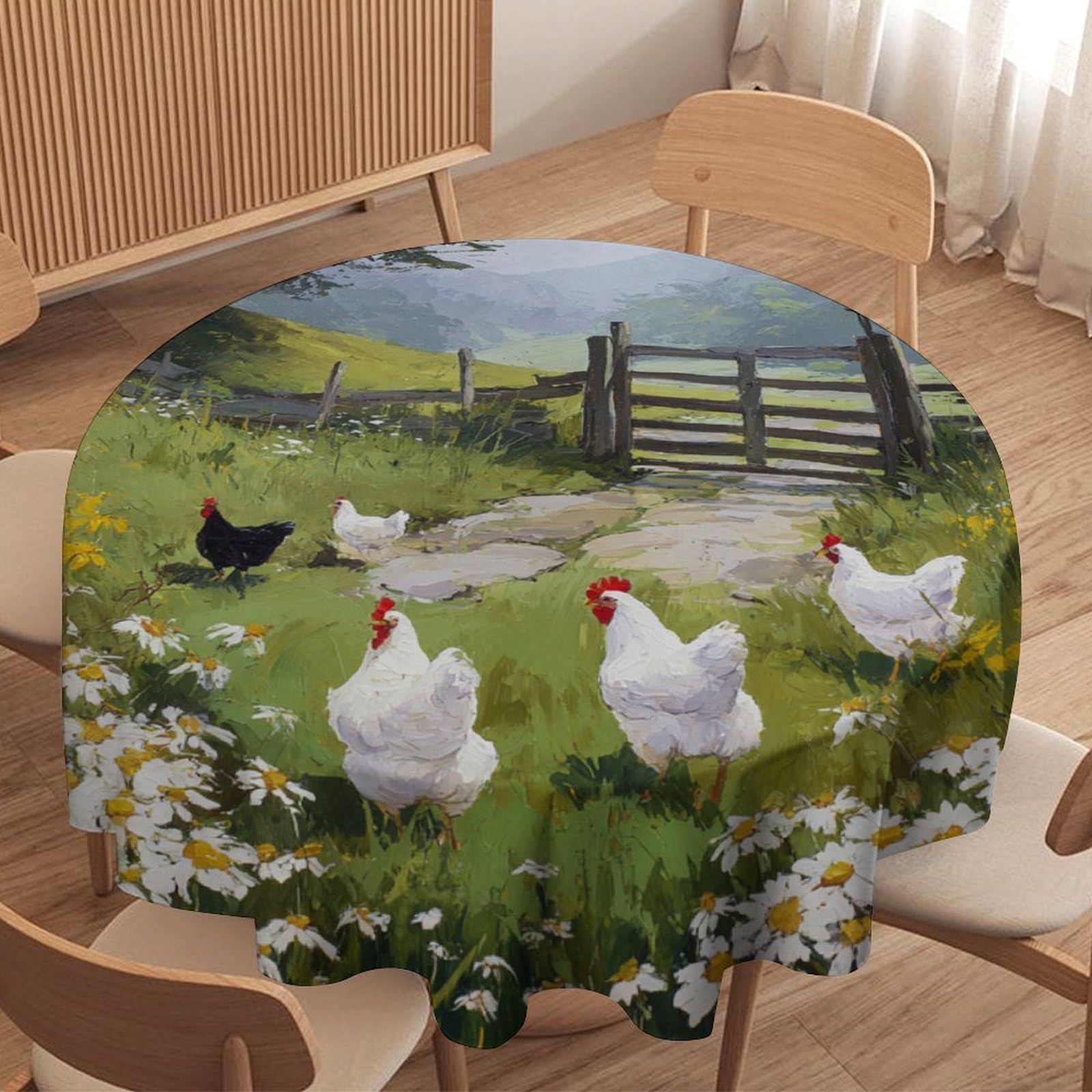 Luyysky Beautiful Abstract Watercolor Chickens Round Tablecloth Vintage Realistic Spring Daisies Farm Animals Roosters Washable Decor For Table Cover For Kitchen-177.8" Wx177.8 L Cm