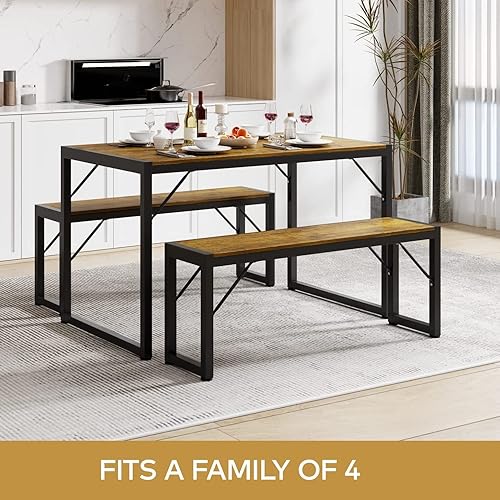 Miniatura 2 de Gizoon 45.5" Dining Table Set for 4 with 2 Benches, Kitchen Table Set with Metal Frame & MDF Board, Space-Saving Dinette for Kitchen, Dining Room