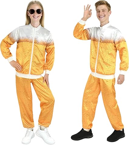 Aomig 90er 80er Jahre Kostüm Erwachsene Retro Outfit Trainingsanzug Bieranzug Disco Ganzkörperanzug mit Bier Print Bad Taste Partner Outfit mit Jacke und Hose für Oktoberfest Party Karneval (Gelb-L