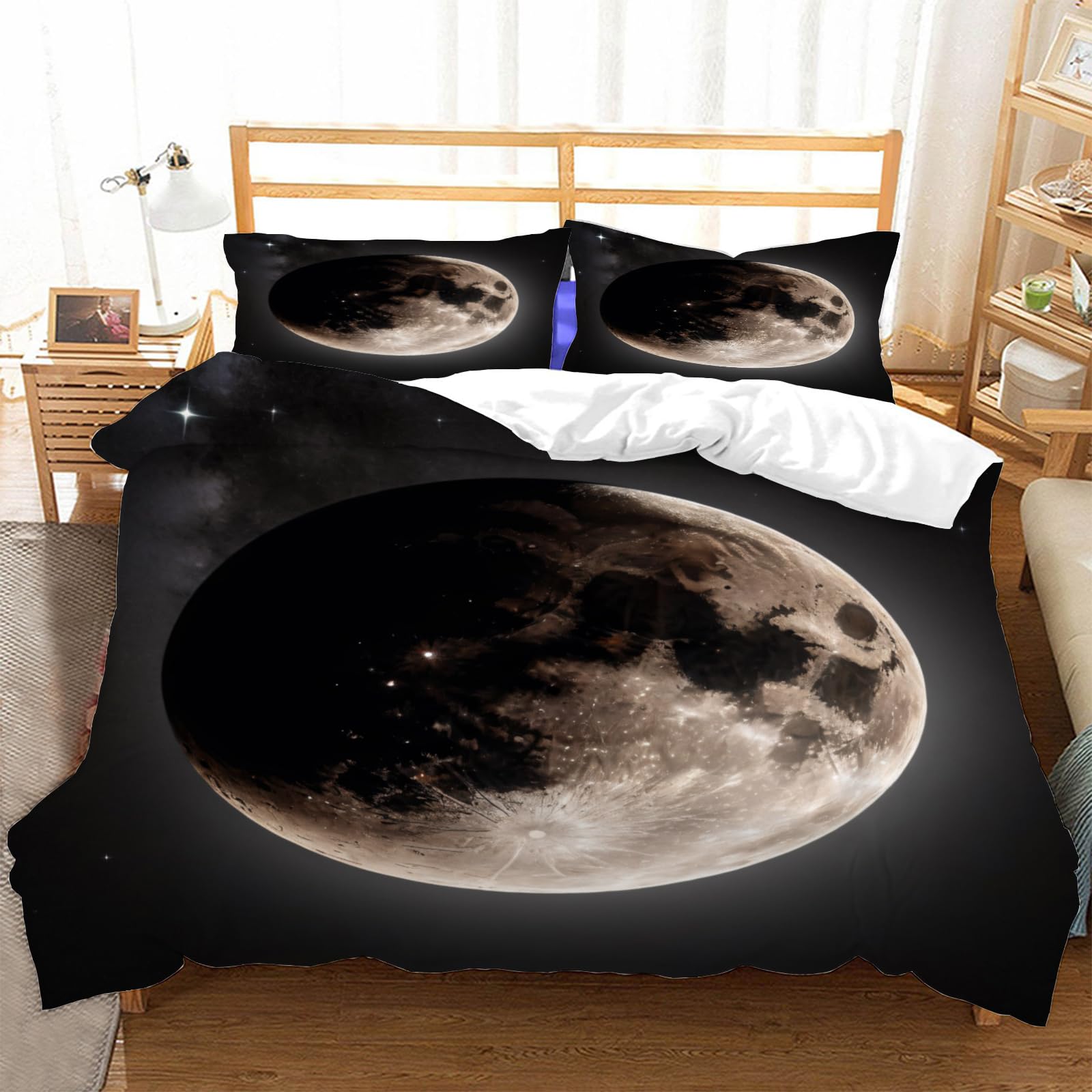 Housse de Couette 240x260 Lune et Ciel Étoilé avec 2 Taies d'Oreiller en Microfibre Douce