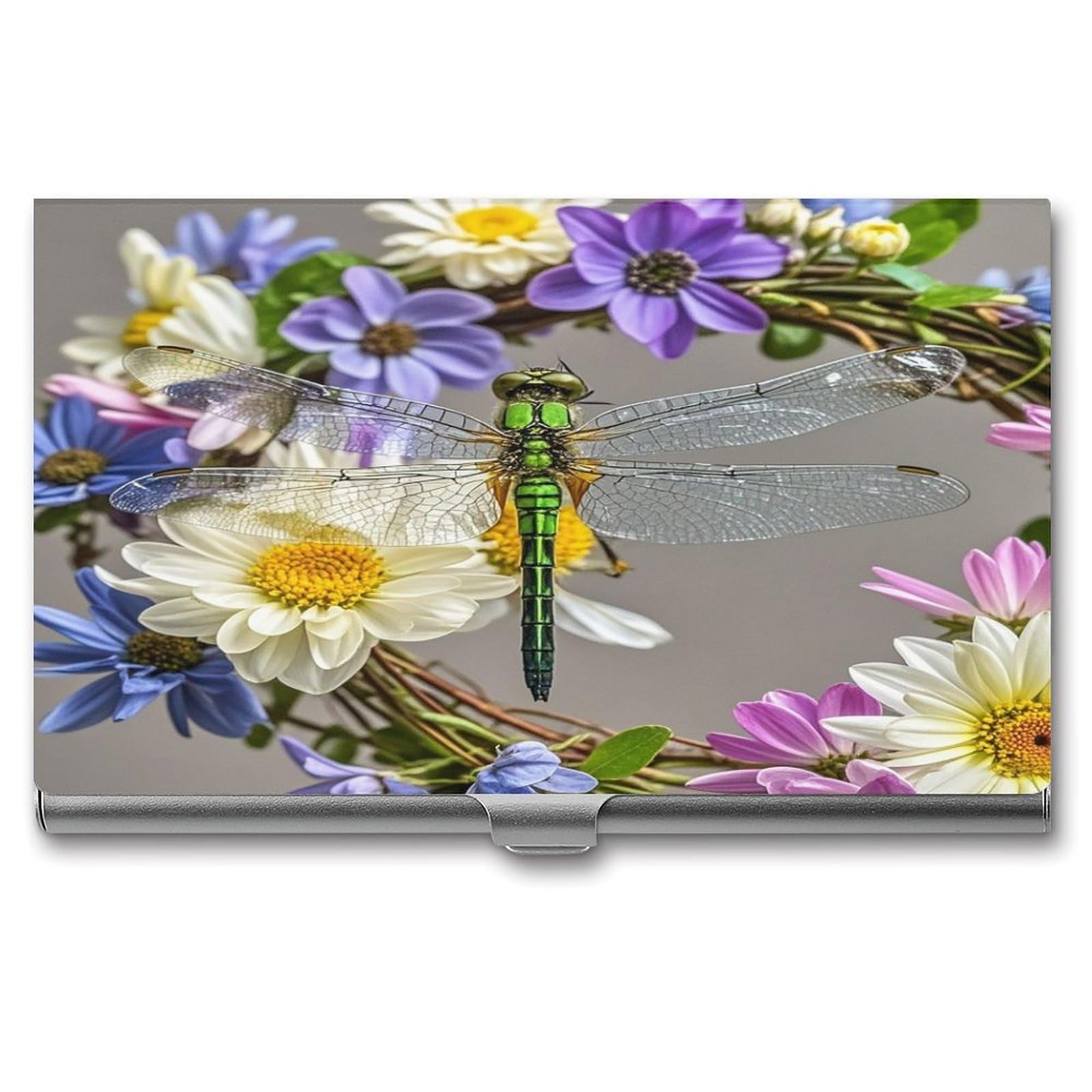 FekiLoot Image of Dragonfly in Wreath Business Card Holder Aluminum Alloy Business Card Case Convenient to Carry Business Card Dispenser for Men Women