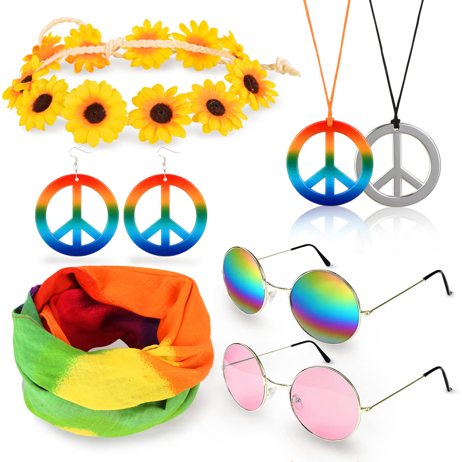HICARER Lot De 6 Costumes Hippie Des Années 70 Pour Femme Avec Poncho, Collier Hippie Et Boucles D'oreilles, Bandeau, Lunettes De Soleil, Années 60 Et 70, Flower Power, Costume De Carnaval