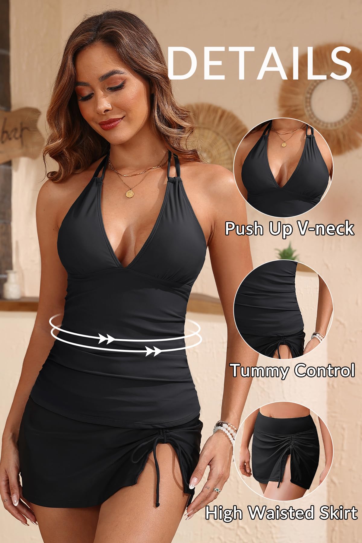 Yonique 2 Piece Swimsuits for Women Halter Tankini Top with Skirt Bottom Tummy Control Bathing Suit