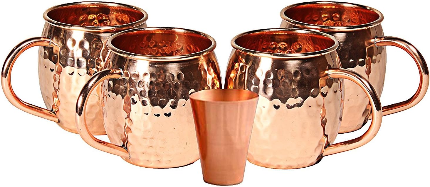 Rastogi Handicrafts Moscow Mule Mugs with Handle 4-Set Solid With Shot 1 glass
