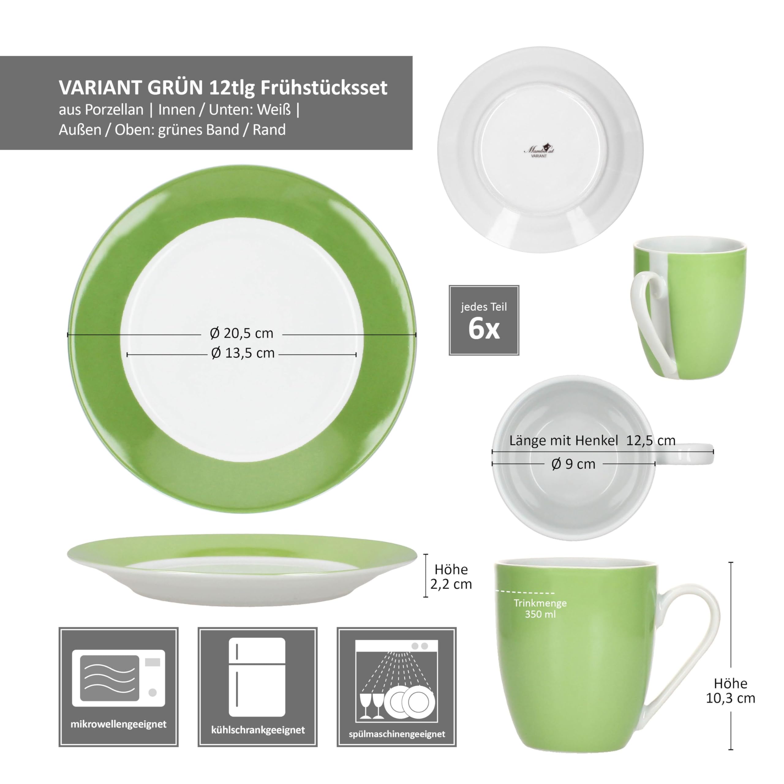 MamboCat Variant Service de petit-déjeuner 12 pièces Vert I 6 petites assiettes et 6 tasses à café de 350 ml, hauteur 10,3 cm pour 6 personnes I Tasse, assiettes à gâteau I Vaisselle en porcelaine