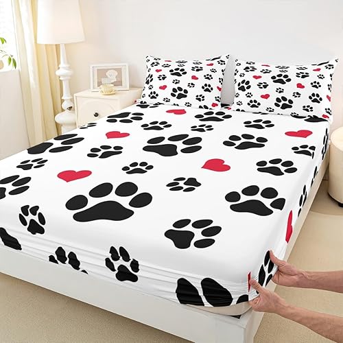 Juego de ropa de cama de 2 piezas con 1 funda de almohada con estampado de huellas de perro, gato, pata de cachorro, juego de sábanas ajustables con