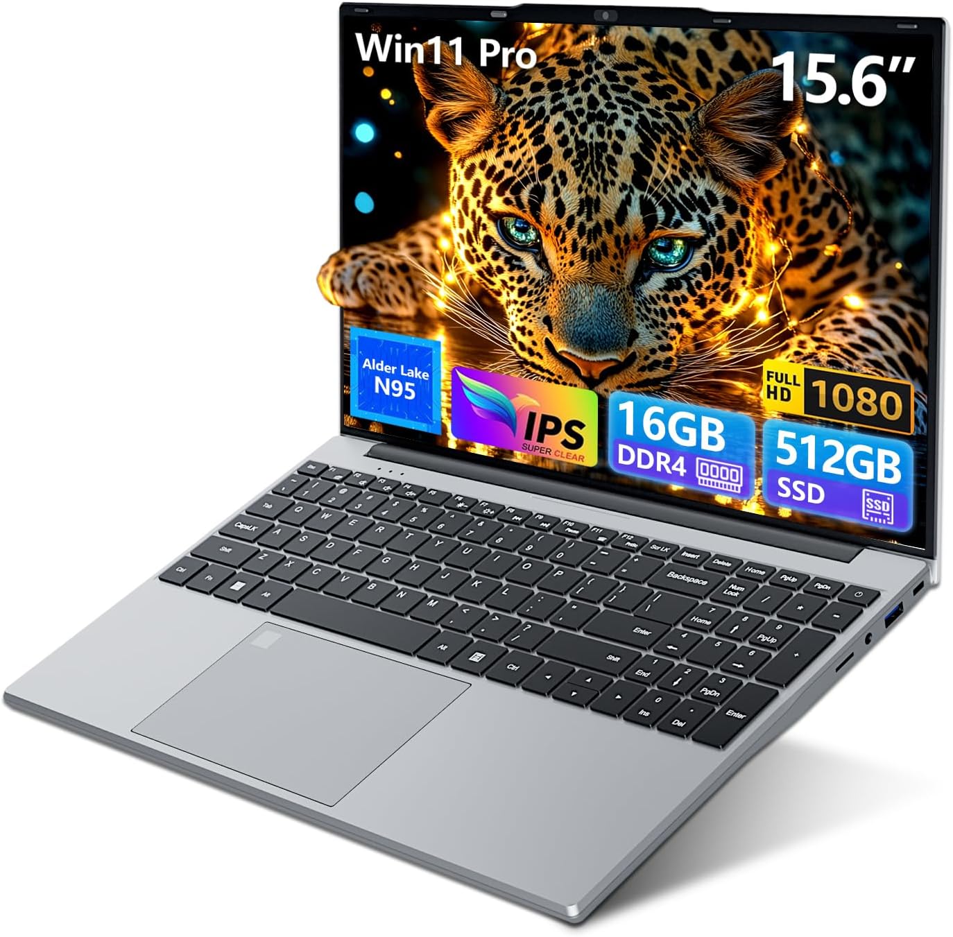 15.6 inch Gaming Laptop 2025, Laptop Computer with N95 Quad-Core up to 3.4GHz, 16GB DDR4 512GB SSD, Backlit Keyboard, Fingerprint Unlock, FHD 1920 * 1080, WiFi5, BT4.2, Win 11 Pro(Silver)