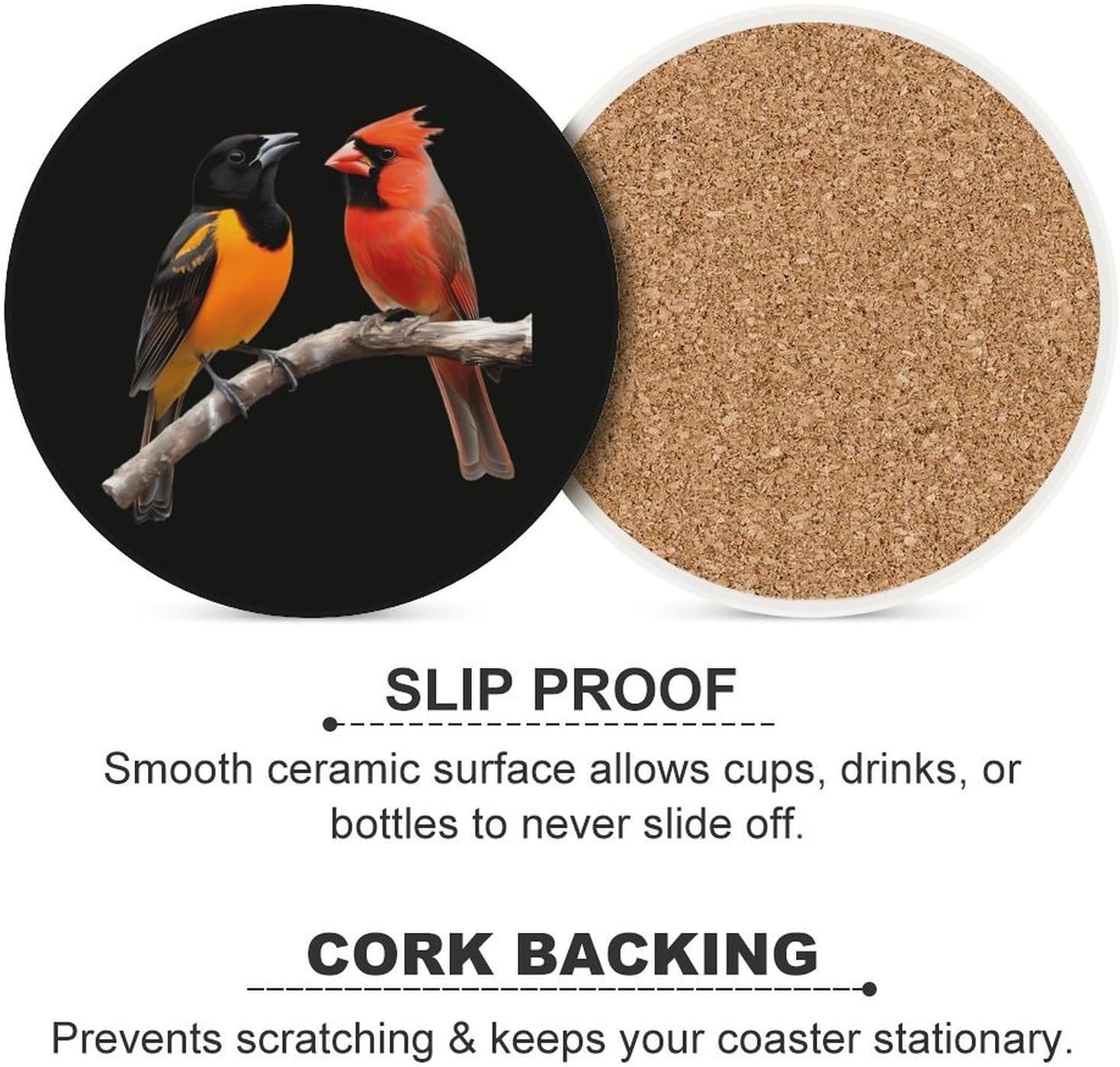 Baltimore Oriole and Cardinal Bird Round Ceramic Coasters Print Drinks Absorbent with Cork Base for Home Decor Gifts 4 Inch