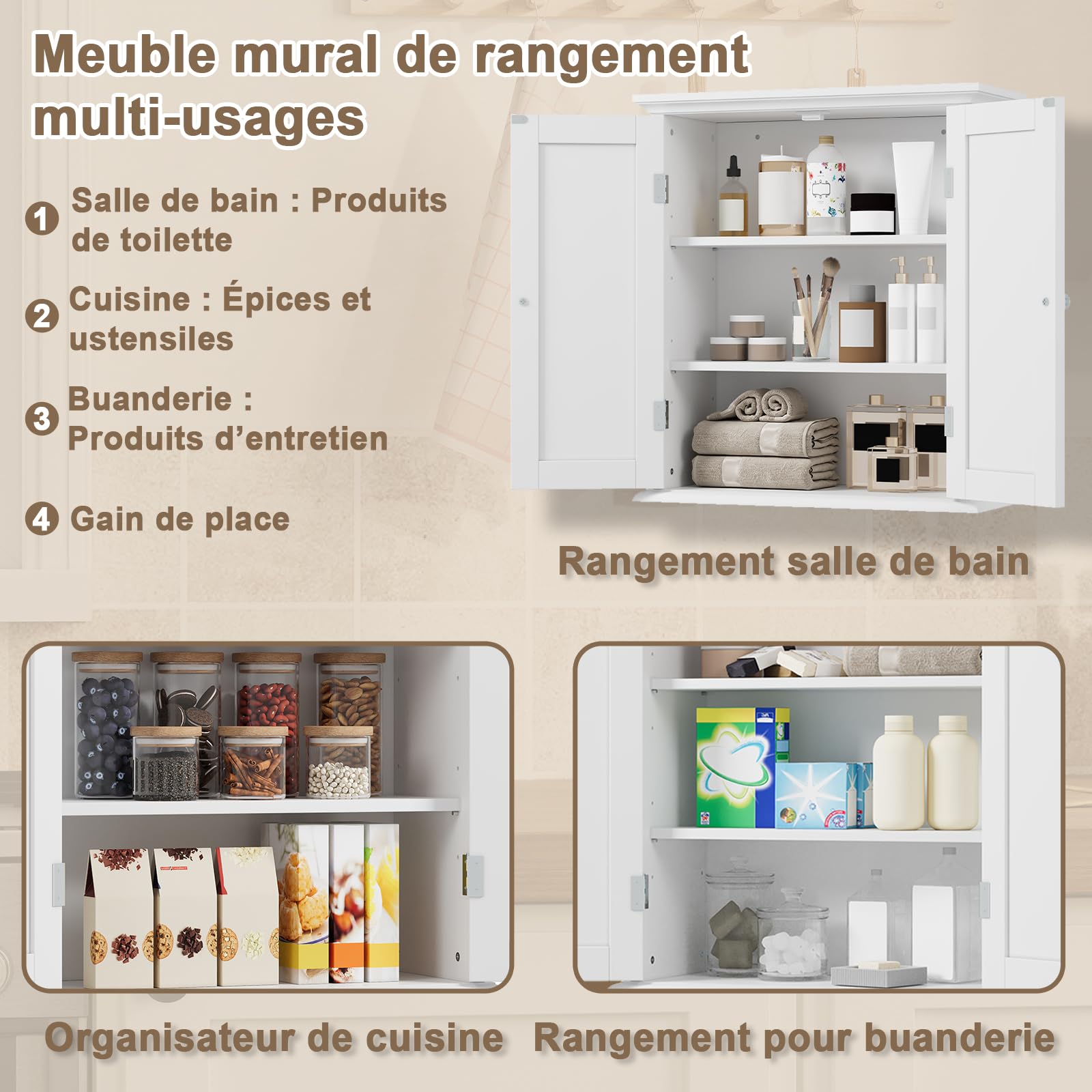 Badezimmer Schrank, Bad Schrank mit 2 verstellbaren Fachböden und Doppeltüren, modern Elegante Optik,Aufbewahrung über der Toilette für Familien, Weiß