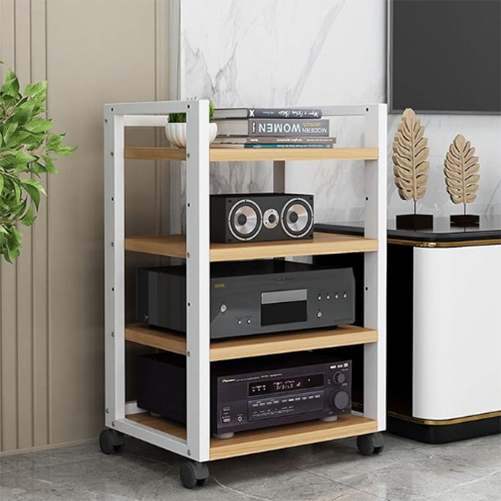 4-Tier Movable AV Media Stand, Multi-Function Media Stereo Stand CD Player, Rack Audio Tower with Adjustable Shelves, Open Storage Rack Floor Standing for Home/Office/Audio Video/DJ/Theater