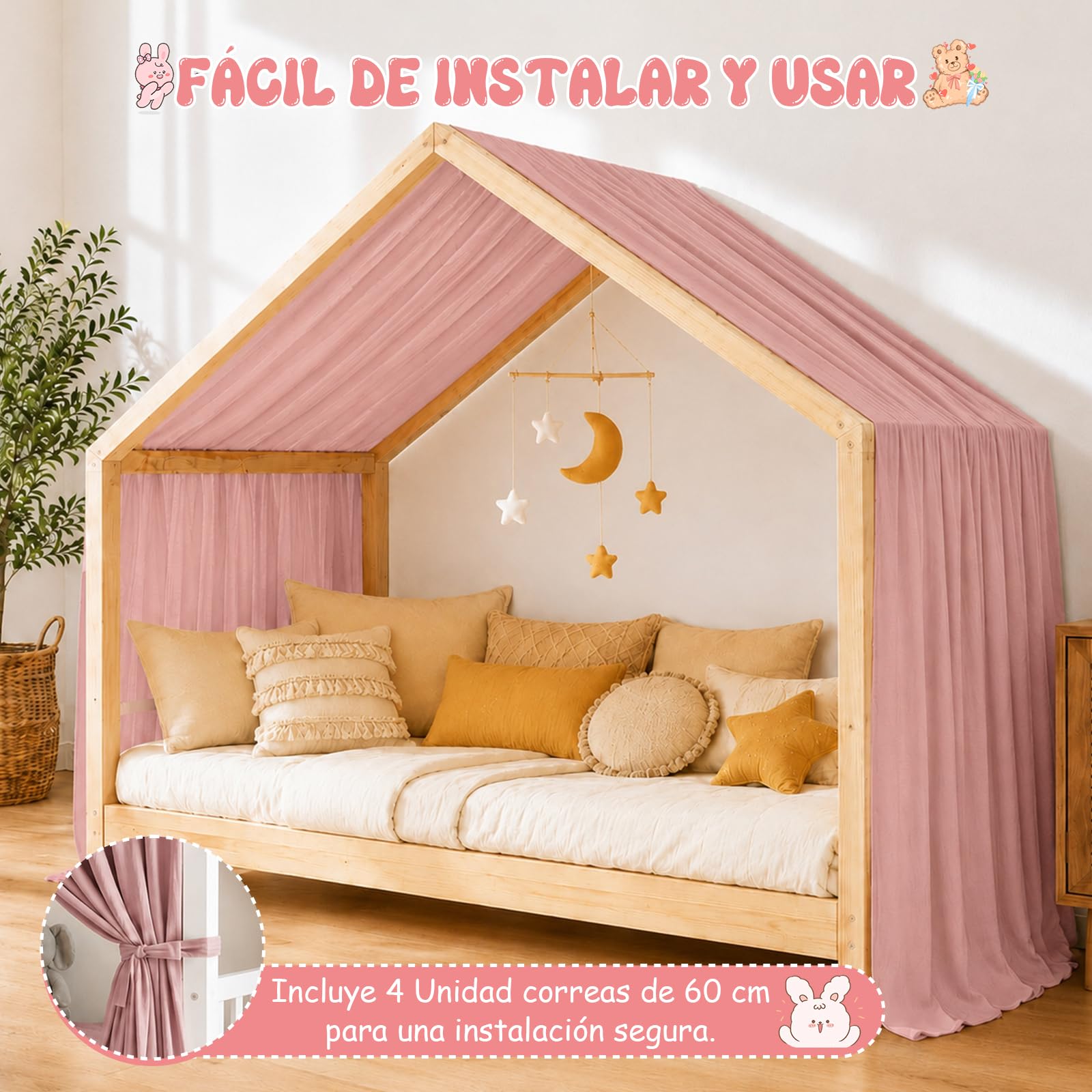 Dosel Cama Infantil, Dosel de Cama con Forma de Casa, Cortina de Muselina de Algodon para Cama Casita, Decoracion para Habitacion Infantil(Rosa, H420 x B135 cm (1 Pieza))