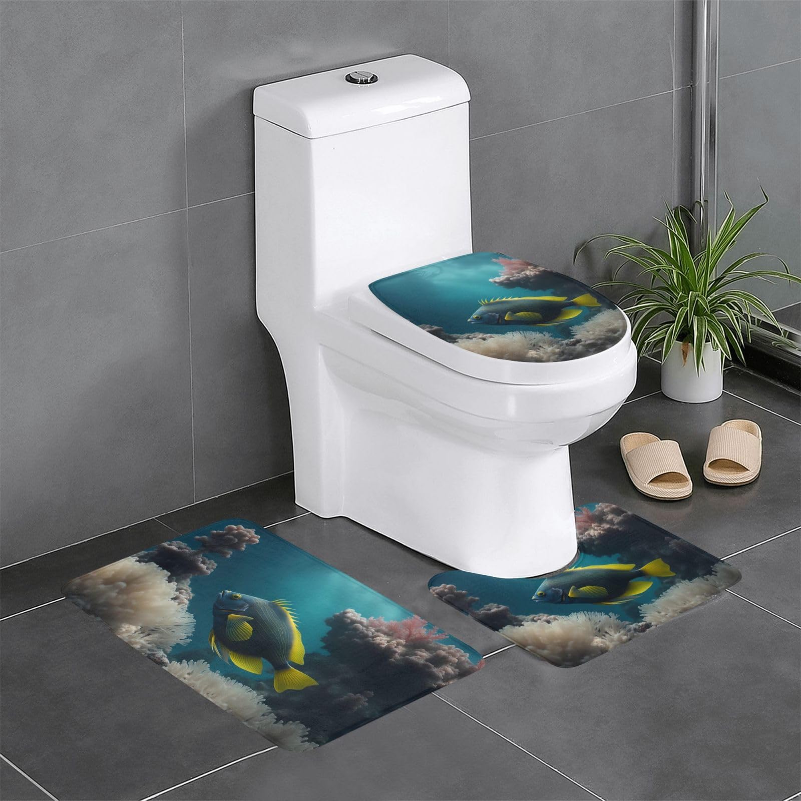Tapis antidérapants salle de bain lot de 3 avec motif poisson rectangulaire U et O