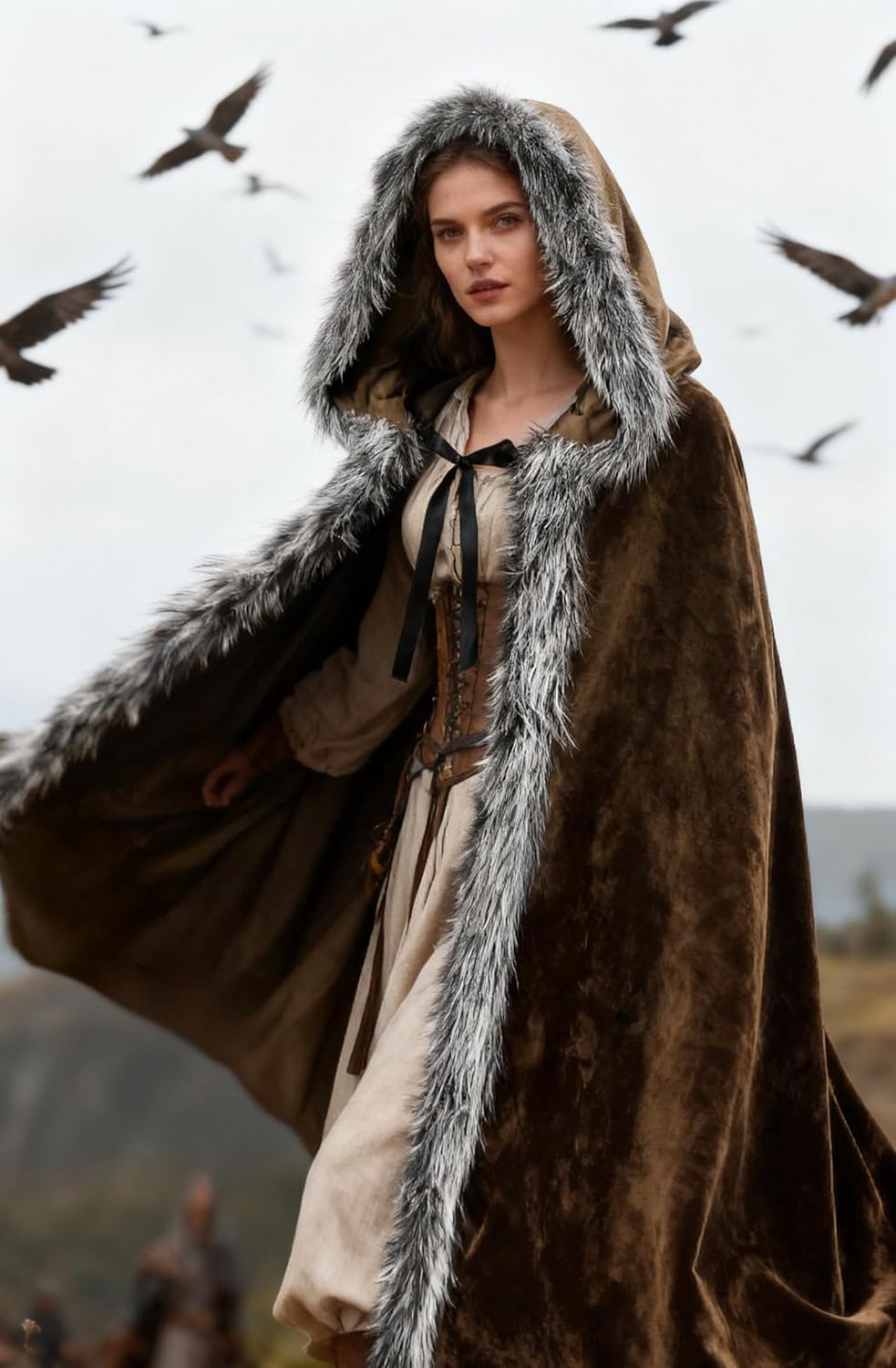 Medieval Hooded Cloak Renaissance Viking Cloak Fur Cape with Hood for Men and Women - Image 4