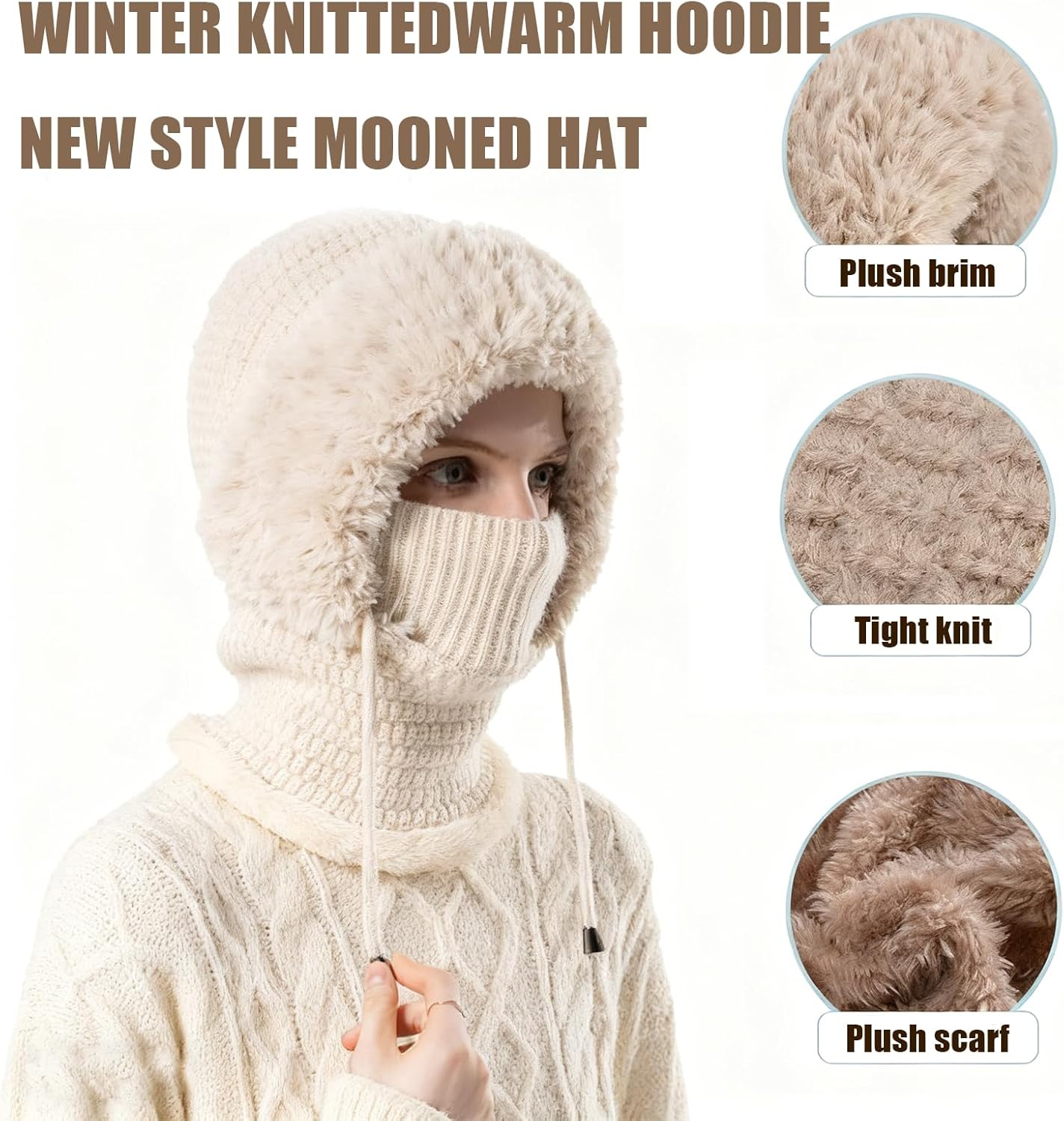 3 in 1 Beanie Hat with Scarf and Mask, Women's Outdoors Windproof Scarf Hat Winter Balaclava for Women Warm Knitted Face Mask - Image 3
