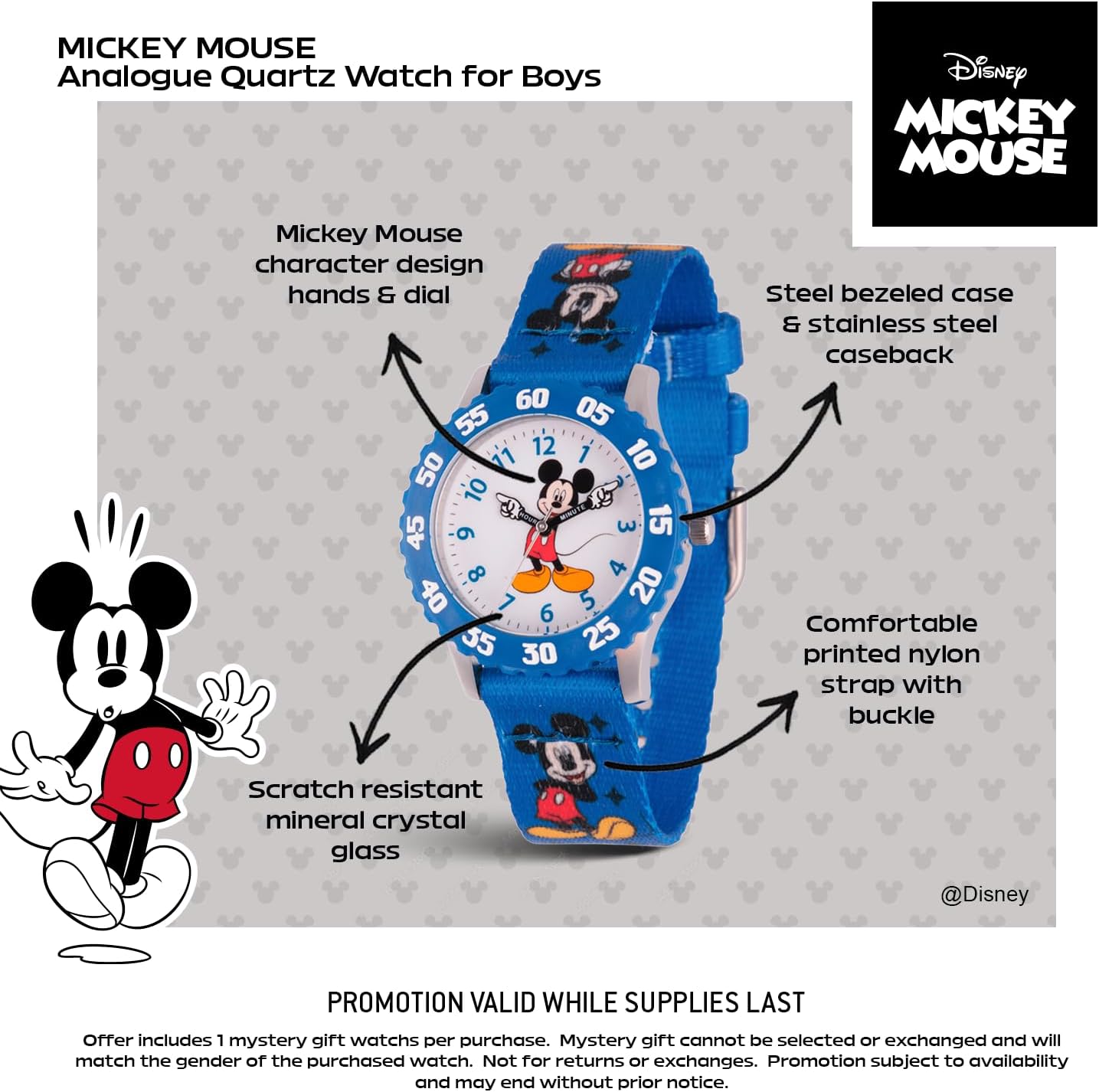 Disney Mickey Mouse Watch for Kids 3–7 with Classic Character Dial – Gift for Boys Who Love Mickey Mouse – Easy-Read Face, Blue Bezel, and Blue Nylon Strap - Buy and GET 1 Free Mystery Watch - Image 3