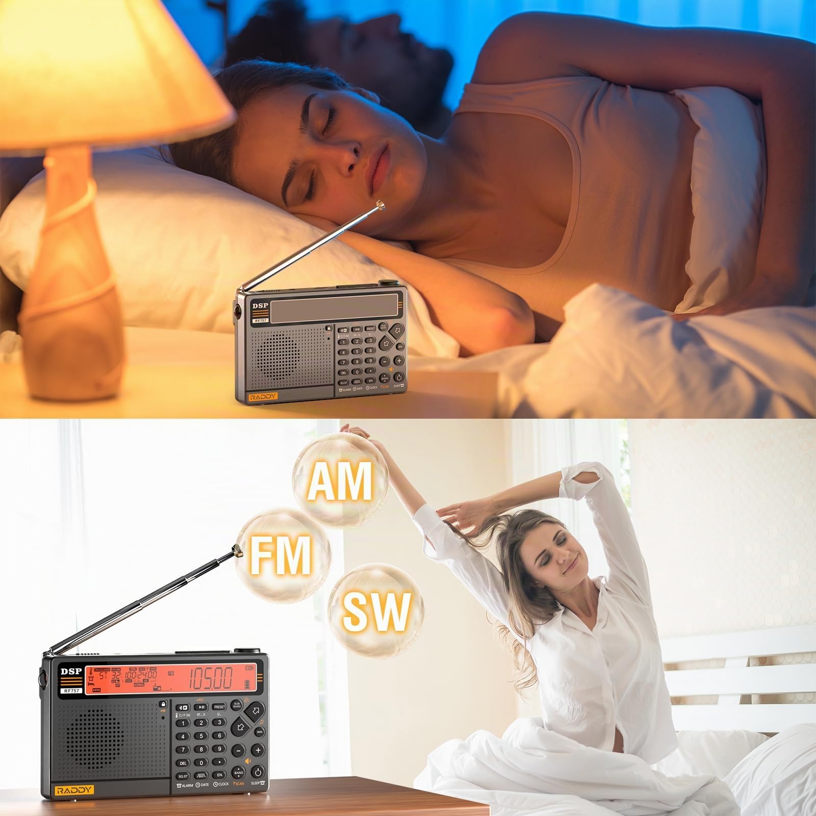 Raddy RF757 Radio à Ondes Courtes de contrôle par Application, Radio Portable avec réception AM/FM/SW/VHF/UHF/CB/AIR, Batterie 2500 mAh, 1000 préréglages, Casque, antenne Filaire, Alarme & SOS